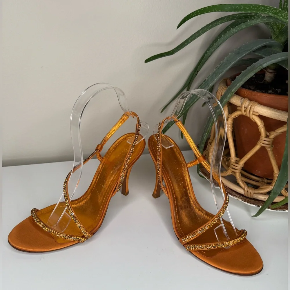 Caligarius Cometa Orange Satin Swarovski Crystal Heels Made in Italy Sz 37/ US 7 - Picture 3 of 12